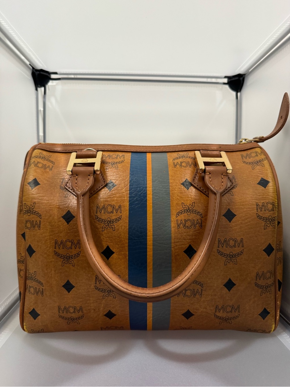 MCM Cognac Visetos Bowling Bag with Navy and Gold Stripe - Picture 2 of 15